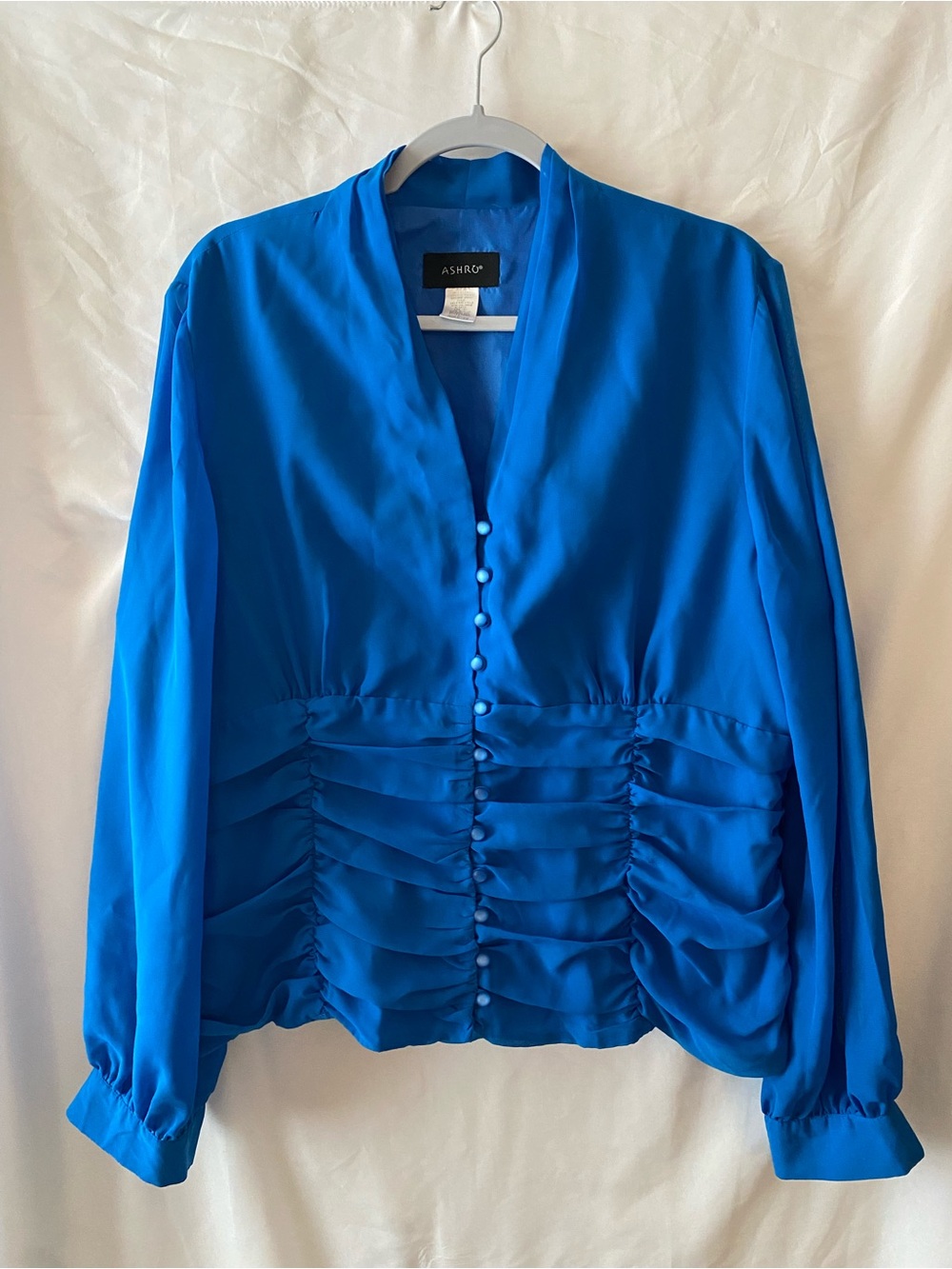 Ashro Vibrant Blue Satin Ruched Button Blouse